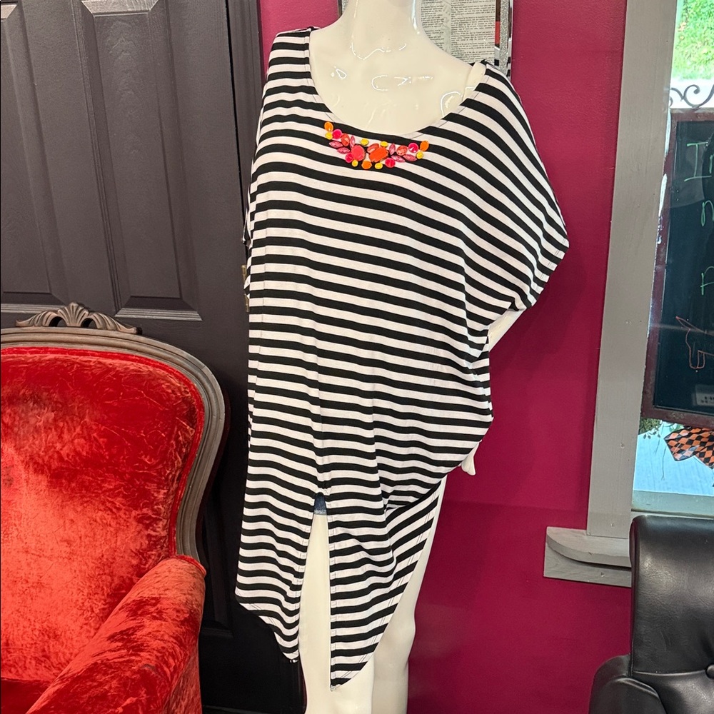Ruby Rd. Black and White Striped Tunic with Colorful Accent